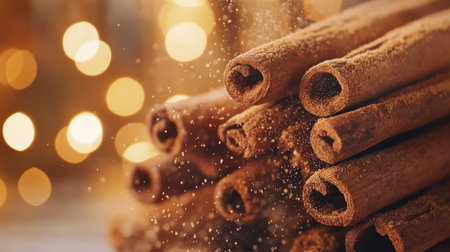 A beautifully lit close-up of cinnamon sticks surrounded by a soft bokeh background, evoking warmth and flavor ideal for holiday cooking and cozy moments.の素材