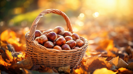 Discover the beauty of nature with a basket filled with chestnuts resting on colorful autumn leaves in a sun-drenched forest. A perfect seasonal harvest scene.の素材