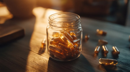A clear glass jar filled with golden capsules rests on a rustic wooden table, beautifully backlit by sunlight, creating a warm and inviting atmosphere ideal for health and wellness themes.の素材
