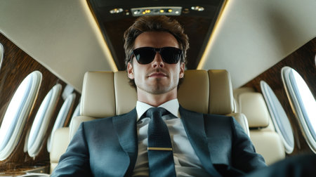 A stylish businessman wearing sunglasses and a tailored suit sits confidently inside a luxurious private jet, embodying success and sophistication during a joyful or business trip experience.の素材