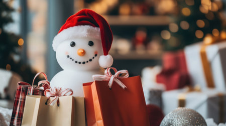 Celebrate the holiday spirit with this delightful snowman decoration, donning a Santa hat and surrounded by vibrant gifts, creating a joyful winter atmosphere.の素材