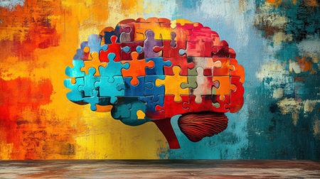 A striking mural of a colorful puzzle brain on a vibrant wall, representing creativity and intelligence, perfect for themes in education, psychology, and modern art.の素材
