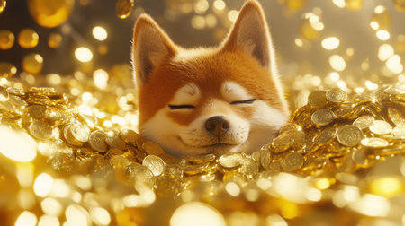 A charming Shiba Inu dog is blissfully resting among sparkling gold coins, radiating joy and relaxation in a whimsical, luxurious scene filled with warmth and happiness.の素材