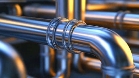 This close-up image showcases the intricate design of shiny metal pipes in an industrial setting, capturing the elegance of engineering and modern manufacturing processes.の素材