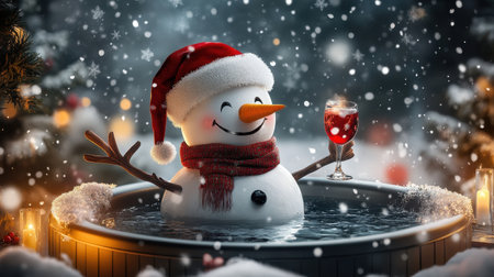 A playful snowman lounges in a hot tub, raising a festive drink amidst a beautiful winter landscape, capturing the essence of holiday cheer and relaxation.の素材