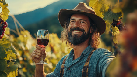 A smiling vineyard worker enjoys a glass of red wine amidst lush grapevines, capturing the essence of a joyful harvest in a picturesque outdoor setting.の素材