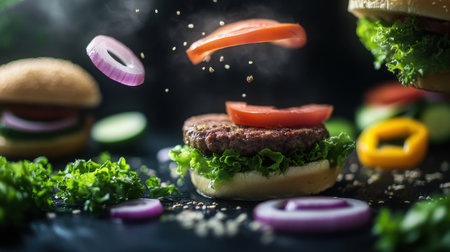 This striking image showcases a classic burger being assembled with fresh lettuce, juicy tomato, and crunchy onion, bringing a vibrant and appetizing look to any culinary project.の素材