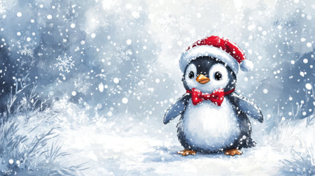 A cheerful penguin wearing a Santa hat and a bow tie stands in a snowy landscape, surrounded by falling snowflakes, perfect for holiday-themed designs and celebrations.の素材