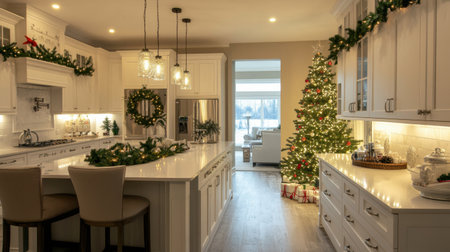 A beautifully decorated modern kitchen exudes a warm holiday spirit, featuring a stunning Christmas tree and elegant accents that enhance the festive ambiance.の素材