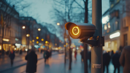 A surveillance camera captures the essence of urban life during twilight, highlighting technology in a lively street filled with pedestrians under soft glowing lights.の素材