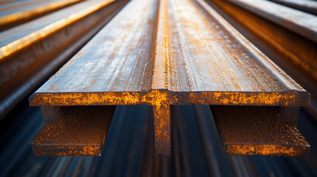 This image features a close-up view of industrial steel beams with a rusty surface, emphasizing their textured finish, strength, and application in construction and engineering projects.の素材