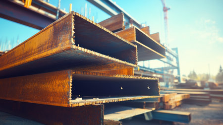Detailed view of steel beams in a sunny industrial yard, showcasing the textures and colors of construction materials used in building projects.の素材
