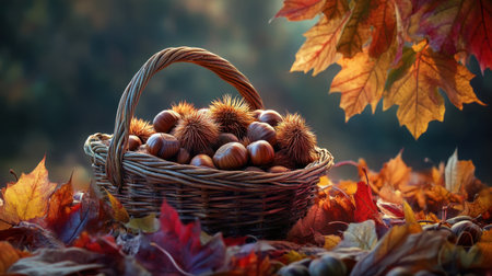 Explore the beauty of autumn with this scenic image showcasing a basket of chestnuts nestled among vibrant leaves, embodying the season's charm and abundance.の素材