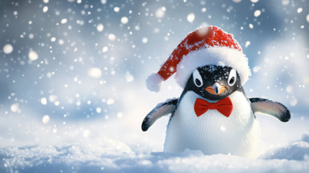 Adorable penguin donning a Santa hat and red bow tie, surrounded by soft snowflakes in a whimsical winter landscape, perfect for holiday-themed projects.の素材