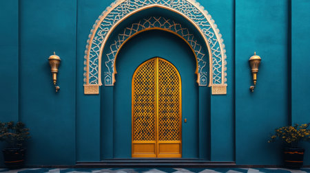 Explore this stunning Moroccan doorway set against a vibrant turquoise wall, featuring intricate golden arches and decorative elements that embody traditional design and artistry.の素材