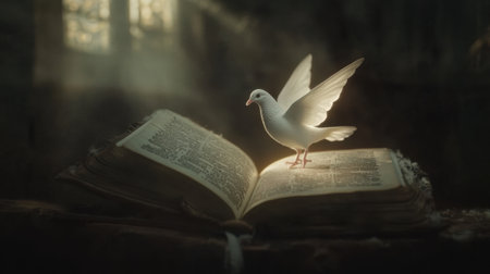 A captivating white dove alights gracefully on an open ancient book, surrounded by soft, mystical light, embodying themes of peace, knowledge, and tranquility in an enchanting atmosphere.の素材