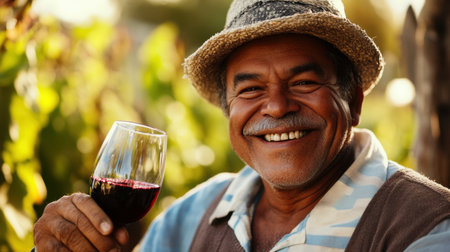 A joyful senior man enjoying red wine in a vineyard, radiating warmth and contentment, perfectly capturing the essence of relaxation and rural charm amidst nature.の素材