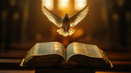 A serene scene showcasing a white dove descending gracefully above an open Bible, surrounded by warm light, symbolizing peace, faith, and the essence of spirituality.の素材