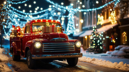 A classic red truck adorned with Christmas lights and gifts drives through a snow-covered street, showcasing a magical holiday atmosphere with vibrant decorations.の素材