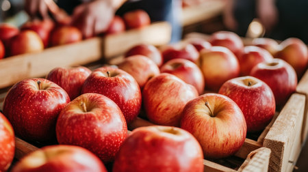 A vibrant display of fresh red apples in wooden baskets at a local market, showcasing the beauty of seasonal produce in a rustic and inviting atmosphere.の素材