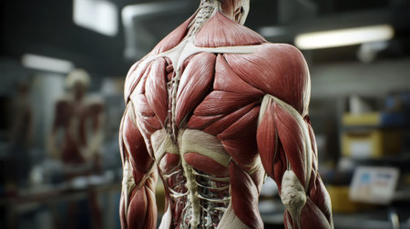 Anatomical model depicting human musculature from the back view, ideal for educational, medical, and research purposes to enhance understanding of anatomical structures and functions.の素材