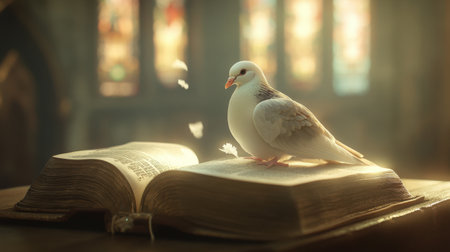 A calm white dove rests on an open book surrounded by warm light and colorful stained glass, evoking peace and wisdom in a tranquil library setting.の素材