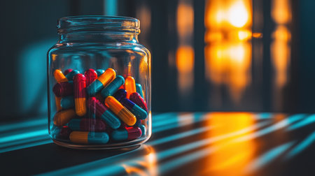 A glass jar filled with vibrant capsule pills is illuminated by warm light, casting soft shadows, creating an inviting atmosphere for health and wellness themes.の素材