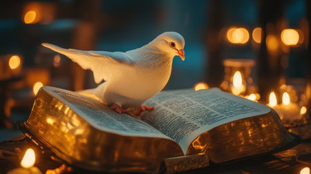 A serene white dove rests on an open book surrounded by warm candlelight, creating a tranquil atmosphere that symbolizes peace and wisdom in a spiritual setting.の素材