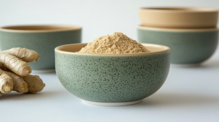 Ground ginger powder sits elegantly in a modern ceramic bowl with fresh roots beside it, highlighting a nutritious spice ideal for cooking and natural health applications.の素材