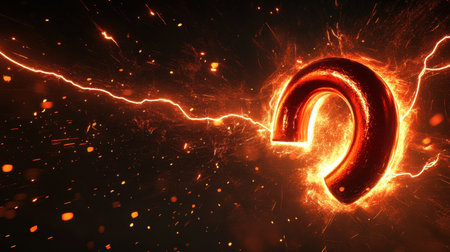 Experience the captivating energy of a glowing curve surrounded by flames and sparks, revealing a dynamic interplay of light and movement in an abstract dark scene.の素材