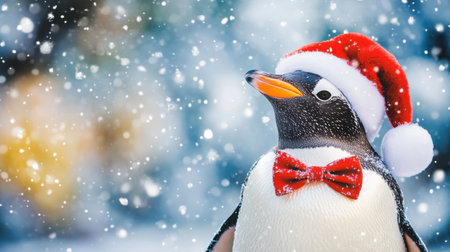 An enchanting penguin dressed in a festive hat and bowtie stands amidst falling snow, bringing a cheerful and whimsical vibe to any holiday celebration.の素材