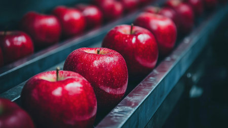A vivid display of freshly harvested red apples lined up on a production line, showcasing their glossy surfaces and natural beauty in an agricultural setting.の素材