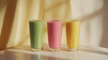 A trio of vibrant smoothies in tall glasses showcases refreshing green, pink, and yellow colors, perfect for health enthusiasts and as a bright addition to any meal or gathering.の素材