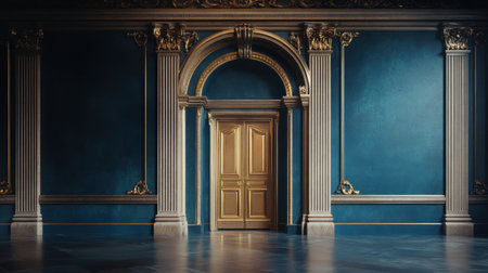 Stunning architectural interior showcasing grand columns and rich blue walls. Featuring an inviting vintage door, this space embodies luxury and elegance, perfect for artistic expression.の素材