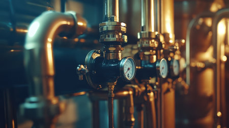 This close-up image showcases a system of industrial pipes and pressure gauges, emphasizing the essential details of fluid control and mechanical engineering in a modern facility.の素材