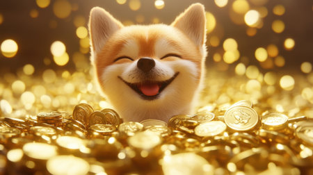 A joyful dog surrounded by sparkling golden coins, capturing a moment of pure happiness and prosperity, radiating warmth and cheerfulness in a captivating atmosphere.の素材