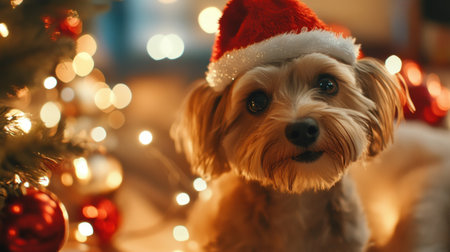 A cute dog wearing a Santa hat rests near a beautifully decorated Christmas tree, surrounded by sparkling lights and holiday cheer, perfect for seasonal celebrations.の素材