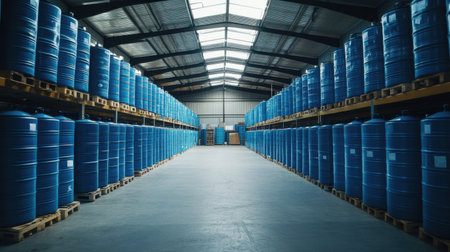 Spacious industrial warehouse showcasing numerous blue storage drums neatly arranged on wooden pallets under bright skylights for optimal lighting and efficiency.の素材