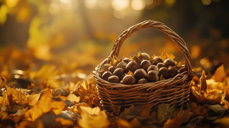 A charming rustic basket overflowing with fresh nuts rests on a bed of vibrant autumn leaves, illuminated by soft golden light, capturing the essence of fall in nature.の素材