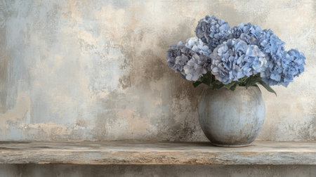 Beautiful blue hydrangea flowers arranged in a rustic pot, set against a textured backdrop. Ideal for enhancing home decor and interior design projects with elegance.の素材