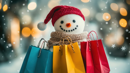 A joyful snowman in a red hat and cozy scarf holds colorful shopping bags, creating a lively and festive atmosphere perfect for the holiday season.の素材