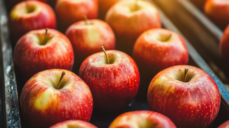 A vibrant arrangement of fresh red apples on a wooden tray, showcasing their glossy skin and inviting texture, ideal for food photography or health-focused themes.の素材