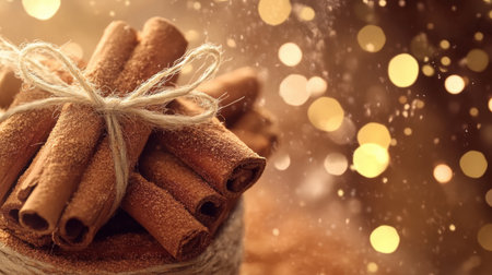 Captivating close-up of aromatic cinnamon sticks tied with twine, set against a warm backdrop with sparkling bokeh lights, perfect for evoking cozy holiday feelings.の素材