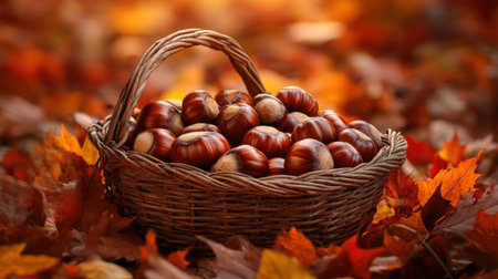 This image captures a rustic basket filled with glossy chestnuts, nestled among colorful autumn leaves, radiating a warm and inviting atmosphere typical of fall.の素材