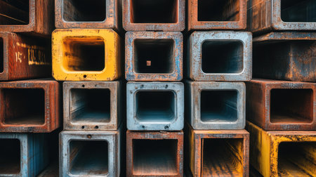 A close-up view of industrial steel pipes and tubes stacked in an organized manner, showcasing diverse colors and textures, ideal for construction and manufacturing themes.の素材