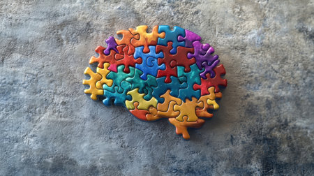 This vibrant image showcases colorful puzzle pieces crafted in the shape of a brain, symbolizing creativity and cognitive function. Perfect for concepts centered on mental processes.の素材
