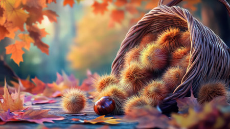 A captivating scene of a basket filled with spiky chestnuts, set against a backdrop of vibrant autumn foliage, evoking the beauty and warmth of the fall season.の素材