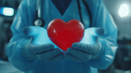 A healthcare professional in gloves holds a red heart in a medical setting, symbolizing care, compassion, and dedication to healing and support for patients in need.の素材