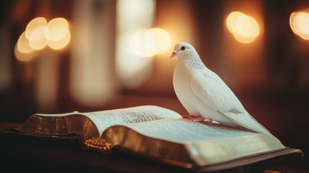 A serene white dove rests on an open book, beautifully illuminated in a soft, warm light. This image captures the essence of peace, spirituality, and quiet contemplation.の素材