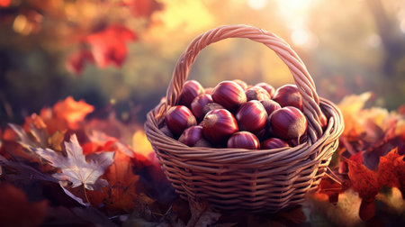 A rustic woven basket filled with fresh chestnuts rests atop a colorful bed of autumn leaves, illuminated by soft sunlight, perfectly showcasing the seasonal harvest beauty.の素材
